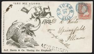An envelope with a black and white cartoon drawing depicting an elephant as Uncle Sam tossing Jefferson Davis holding a Confederate flag. It is captioned “Jeff Davis ‘Seeing the Elephant’”.