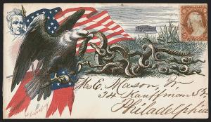 A colorful envelope with depicting an American Eagle destroying a Confederate flag and 13 Secessionist Serpents, with the Union Flag and Andrew Jackson in the background.