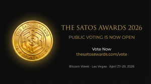 Landscape Satos Awards 2026 public voting announcement graphic featuring gold coin award and Bitcoin awards branding