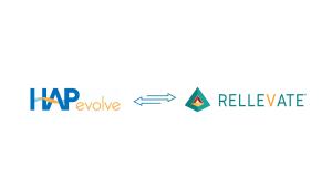 HAPevolve and Rellevate logos with double arrows between them, representing their partnership to deliver innovative financial wellness solutions for healthcare organizations and staff.