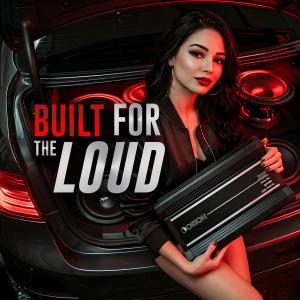 Brand ambassador holding Orion car audio amplifier in trunk with illuminated subwoofers, promoting high-performance SPL sound systems.