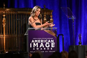 Fashion Maverick Honoree Timberland's Nina Flood speaks from the podium at the 2026 American Image Awards