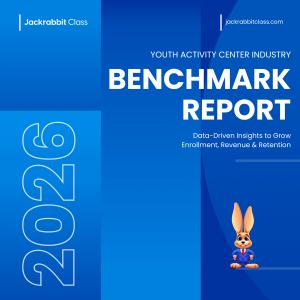 Jackrabbit Technologies graphic for the 2026 Benchmark Report, with the logo and mascot. Text reads "Youth activity center industry benchmark report. Data-driven insights to grow enrollment, revenue, and retention."