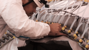 A man is supervising the replacement of the blade root bushings whereby epoxy resin is used to anchor the bushing using infusion technology  with vacuum for  uniform distribution