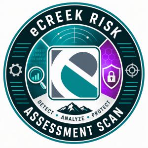 eCreek Risk Assessment Scan badge showing cybersecurity analysis, detection, and protection icons with teal and purple design