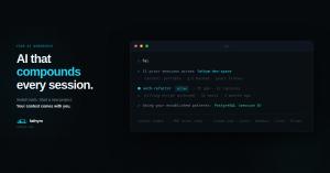Terminal output showing fai loading 11 prior sessions, resuming an active auth-refactor session with 12 captures, and applying established PostgreSQL patterns from session 8. Supported tools listed: Claude Code, Cursor, Windsurf, Cline, Ollama.
