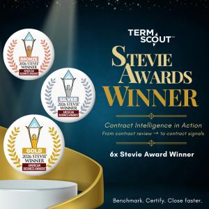 TermScout graphic showing Gold, Silver, and Bronze Stevie Awards with “6x Stevie Award Winner” and messaging about contract intelligence and faster decision-making.