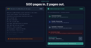 UNMIRI sample output comparing a 487-page raw NGS genomic report with its 2-page UNMIRI Actionable Insight summary. Left panel shows dense variant call data including EGFR L858R, TP53 R175H, PD-L1 status, and mutation screening results. Right panel shows 