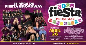 Fiesta Broadway 2026 event banner featuring artists lineup and April 26 celebration in Downtown Los Angeles