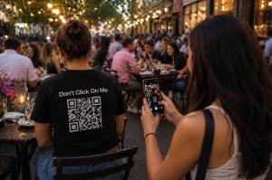 Woman wearing a black Dont Click On Me QR code shirt sitting at an outdoor café while another person scans the code from behind in a natural social setting
