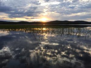 The setting sun reflects on the surface of a calm lake.