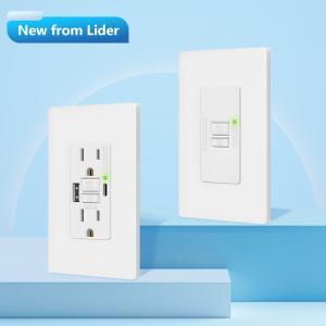 Official product image showing the Lider Electric LU-GF42AC USB GFCI receptacle and LR20-GFB blank face GFCI, highlighting modern electrical safety and charging solutions