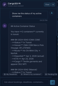 Cargo33 AI chat assistant interface showing natural language container tracking query and automated compliance form responses