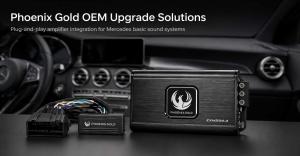 Phoenix Gold Mercedes OEM upgrade image showing plug-and-play amplifier-based sound upgrade solution for Mercedes vehicles with factory radio retention.