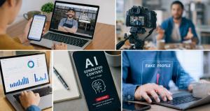 Collage showing digital marketing and AI trust issues, including a local business displayed on a laptop, customer reviews on a smartphone, a person recording video content, analytics dashboard, AI-generated content disclaimer on a phone, and a fake profil