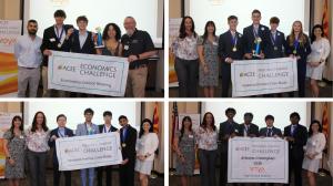 Collage of student teams at an Arizona academic competition holding trophies, medals, and banners for Economics and Personal Finance Challenges, posing with educators and sponsors.
