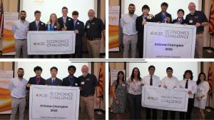 Collage of student teams at an Arizona academic competition holding trophies, medals, and banners for Economics and Personal Finance Challenges, posing with educators and sponsors.