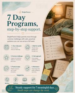 Promotional image for BrightParent’s 7 Day Programs showing structured step-by-step parenting support for recurring family challenges.