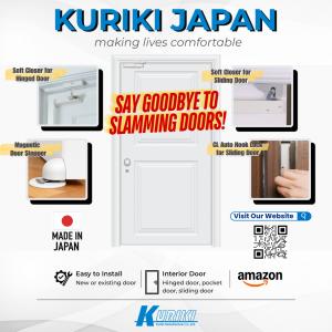 Kuriki Japan door hardware including anti-slam soft-close systems for hinged and sliding doors, magnetic auto hook locks, and magnetic door stoppers for residential and commercial use