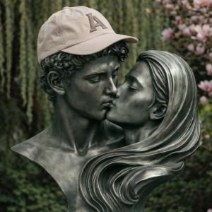 A copper bust of a man and woman kissing. On the man's head is a real A4 Cap 