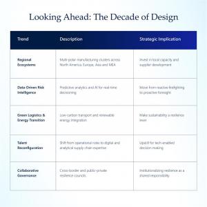 YCP supply chain resilience white paper infographic showing five future trends: Regional Ecosystems, Data-Driven Risk Intelligence, Green Logistics and Energy Transition, Talent Reconfiguration, and Collaborative Governance, with descriptions and strategi