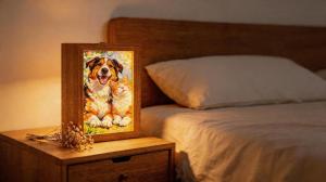 A wooden custom 3D embossed relief photo lightbox lamp on a nightstand, illuminated from within. The relief features an intricate carving of a happy dog and a cat.