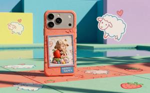 A pink custom 3D embossed relief phone case for iPhone 17 featuring a detailed lamb figurine. On a playful creative set with pool background and cartoon sheep.