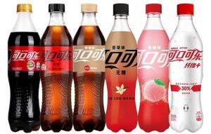 Six Coca-Cola bottles sold in China, shown side by side in different colours and variants, highlighting the brand’s localized packaging and product adaptation.