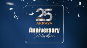 Akraya 25th anniversary celebration banner featuring a silver “25 years” emblem on a blue background with confetti.