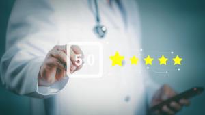 photo of health care professional touching a large online screen with a 5 star quality rating