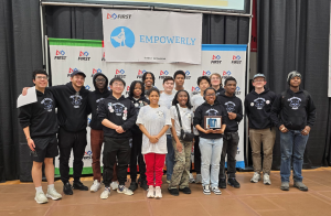 TGR Learning Lab Philadelphia students who are members of the first-year Tiger Robotics Team celebrate after their Rookie All-Star Award win at their first-ever FIRST Mid Atlantic District event at Hatboro Horsham High School. in Horsham, Penslyvania.