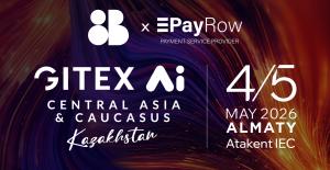 Co-branded banner showing GITEX AI Central Asia & Caucasus and PayRow logos, with event dates 4–5 May 2026 in Almaty.