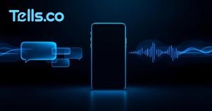 Smartphone with chat bubbles and audio waveform on a dark background, Tells.co logo top-left