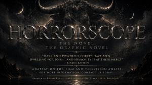 Horrorscope key art featuring a dark zodiac-themed landscape with a horned figure and the title “Horrorscope,” representing a thriller property about a psychic entangled with the mafia and supernatural forces, positioned for film and television adaptation
