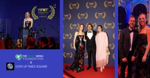 The Perfect World Foundation & LOOK UP TIMES SQUARE: Rachel Vancelette, Ragnhild and Lars Jacobsson, Sabastian Vettel | Photo Credits: Petra Bjorstad