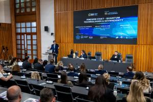 Opening panel of the Quantum Balkan Initiative. Speakers from left: Simon Fried, Malak Trabelsi Loeb, Prof. Gabriele Pao-Pei Andreoli, Olsi Shanini.