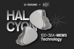 Two Kiwi Ears Halcyon in-ear monitors on a dark background with “HALCYON” text and “1DD + 3BA + MEMS Technology,” co-branded with USound.