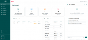 NABD dashboard showing today’s appointments, total patients, pending lab orders, recent encounters, and patient list with details like names, dates of birth, and gender, alongside an AI assistant panel.