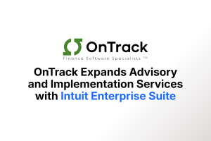 OnTrack Finance Software Specialists logo with press release headline announcing expanded Intuit Enterprise Suite services.