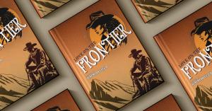 Multiple copies of the book cover Love on the Frontier arranged diagonally on a beige background, featuring a Western-style illustration of a cowboy, mountains, and a silhouetted woman in a hat against an orange sunset.