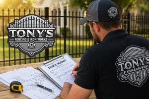 Tony’s Fencing contractor reviewing fence permit paperwork in front of residential iron fence in Louisiana