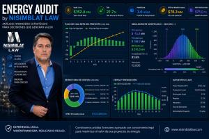 Maikel Nisimblat, Director of Nisimblat Law, presenting the Energy Audit AI dashboard for Latin American oil and gas projects, showing Monte Carlo simulation charts, financial risk indicators like NPV and IRR, and legal compliance analytics.
