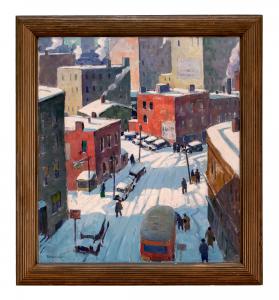 Oil on canvas by Carl Peters (American, 1897-1980), titled Elm Street, Rochester, NY, circa 1930, artist signed (lower left), 40 inches by 32 inches. (est. $15,000-$25,000).