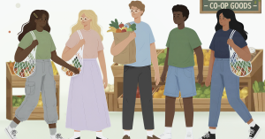 Illustration of community members shopping at a food co-op.