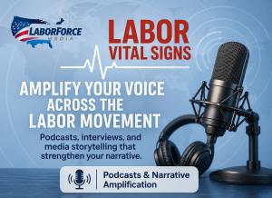 Labor Vital Signs podcast graphic with microphone and headphones promoting union storytelling and media amplification by LaborForce Media