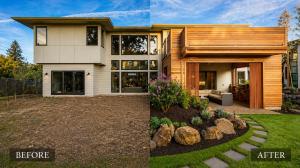 A split-screen comparison showing a bare dirt backyard "Before" and a modern landscaped patio with a wood pergola and lush lawn "After."