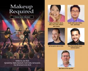 This images show the book cover along with headshot of all the voiceover talent: Alpha Takahashi, Yoshi Ando, Sal Locascio, Troy MacFarland and Jim Merk.