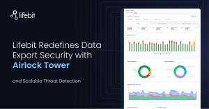 Lifebit Airlock Tower dashboard showing data export security analytics and real-time threat detection in a Trusted Research Environment