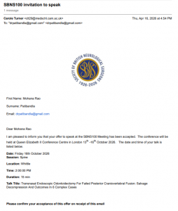 SBNS100 invitation email to Dr Mohana Rao Patibandla for presenting transnasal endoscopic odontoidectomy at London neurosurgery conference 2026