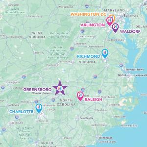 Map showing Heritage Signs & Displays office locations across North Carolina, Virginia, Maryland, and Washington, DC, with Greensboro highlighted.